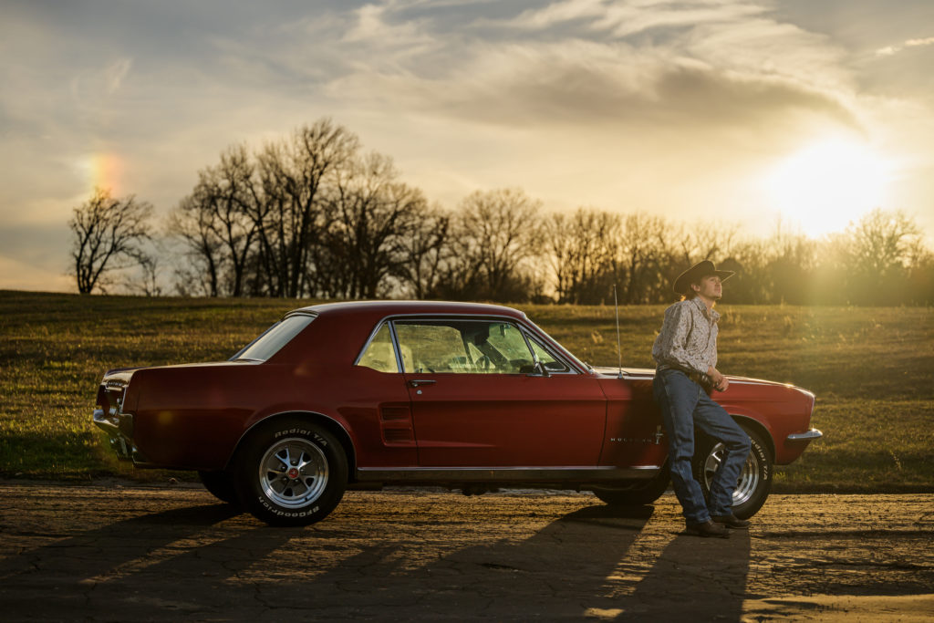 Male Senior Portrait with Mustang car