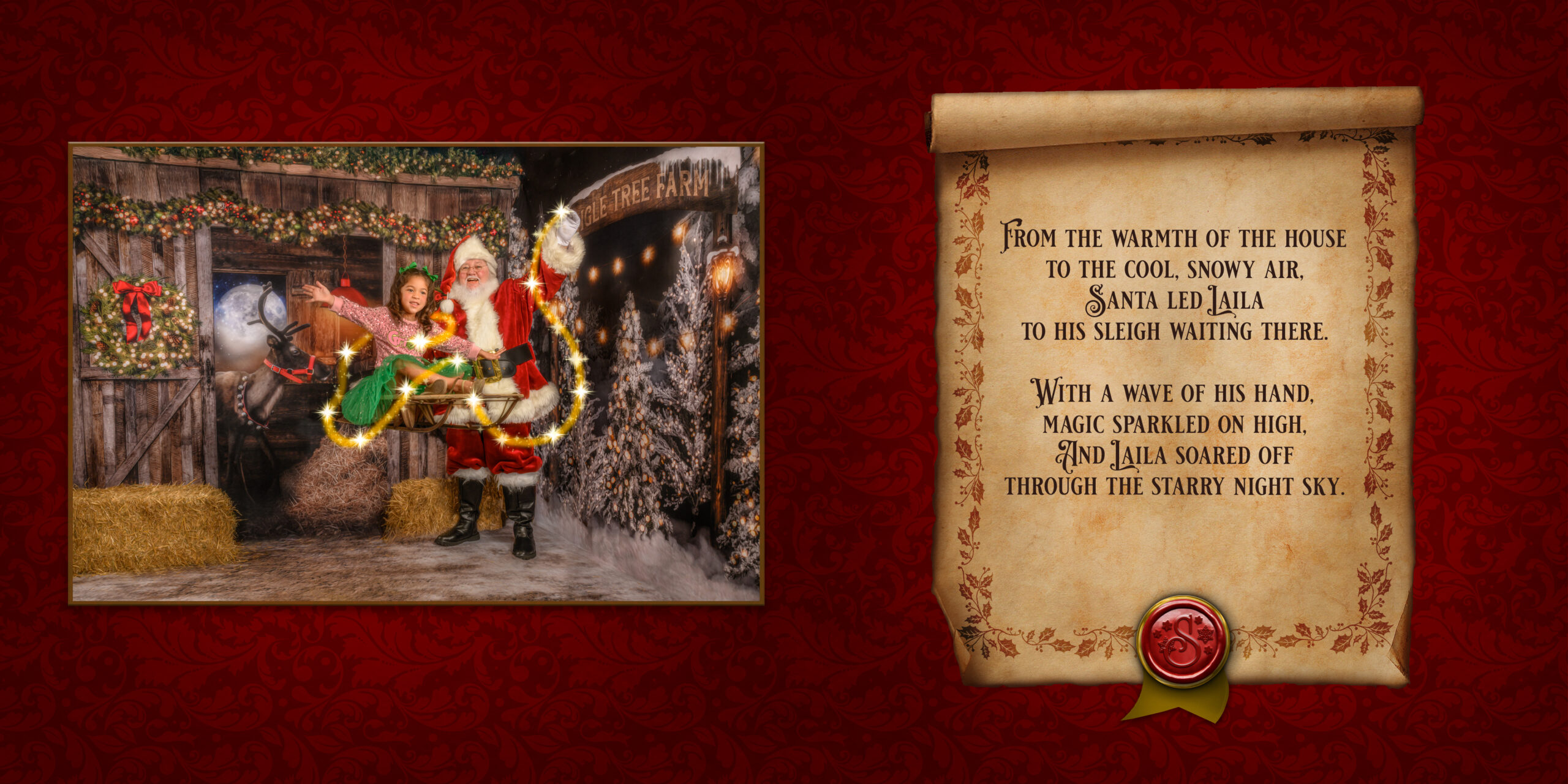 Santa and a child soar away in a sparkling sleigh ride during the Full Santa Experience in Wichita Falls