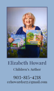 Professional business card for Christian children’s author Elizabeth Howard, featuring her portrait holding two Tickle Tickle books, with her name, title, phone number, and email address.